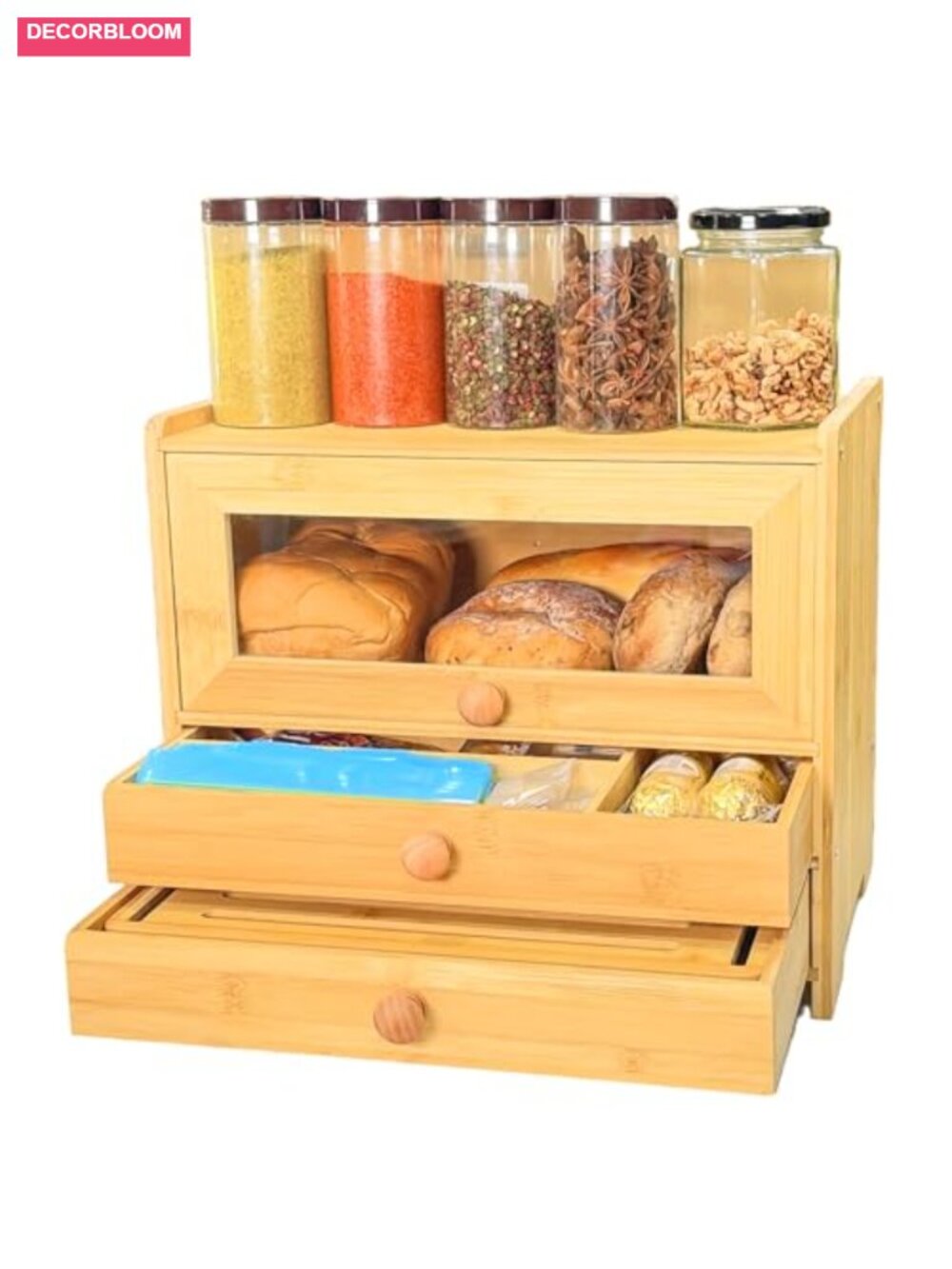 Bamboo Bread Box with Slicer and Display Window for Kitchen Countertop